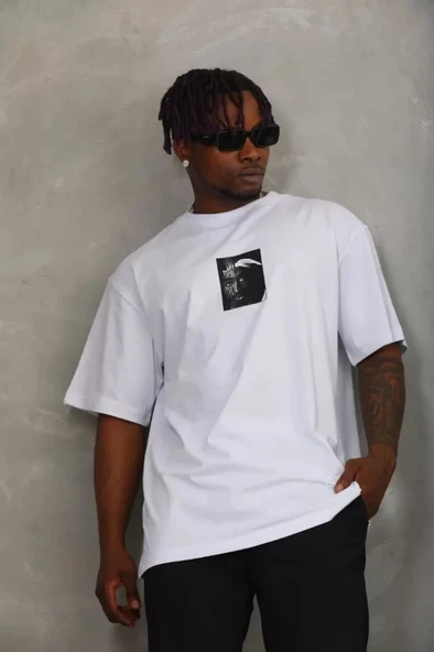 Unisex Oversize Baskılı Bisiklet Yaka Thirt  Beyaz - Resim 3