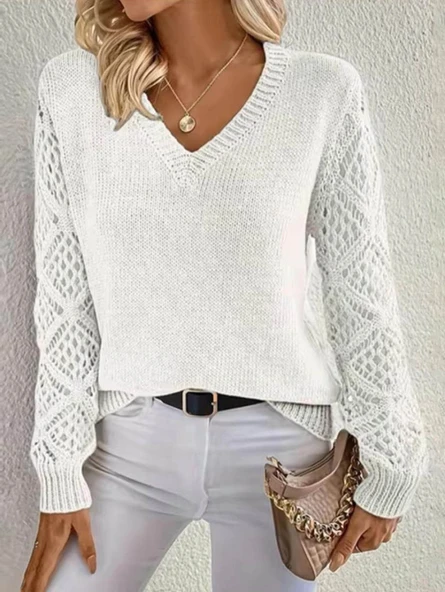 Kadın Uzun Kollu V Yaka Kol Delikli Baklava Desen Detaylı Triko Kazak - Resim 3