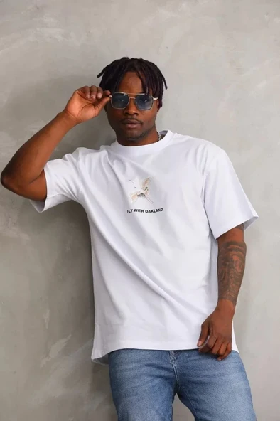 Unisex Baskılı Oversize Thirt  Beyaz - Resim 4