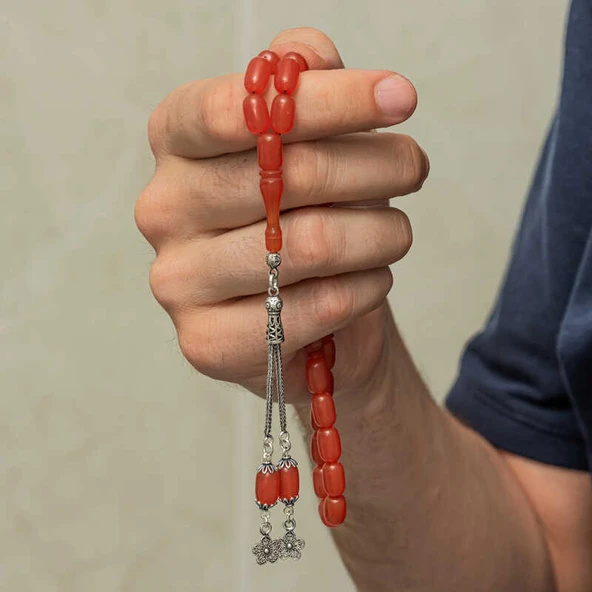 KENPAZAR Gümüş Püsküllü Kapsül Kesim Sıkma Kehribar Tesbih - Resim 4