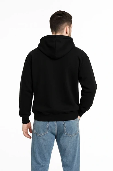 Erkek Kapüşonlu weatshirt  Hoodie 3 İplik Şardonlu Pamuklu Kumaş, Önü Baskılı, Fermuarlı Rahat Kalıp, Kışlık Ve okak til - Resim 3