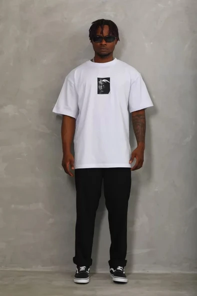 Unisex Oversize Baskılı Bisiklet Yaka Thirt  Beyaz - Resim 4