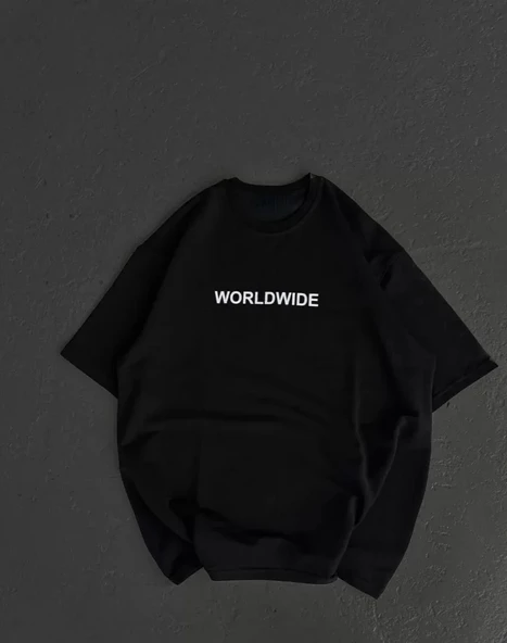 Unisex Bisiklet Yaka Baskılı Oversize Thirt  iyah ürün görseli