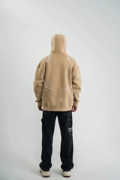 Double Oversize Kapşonlu Şimşek Pano Baskılı weathirt  Bej - Resim 4