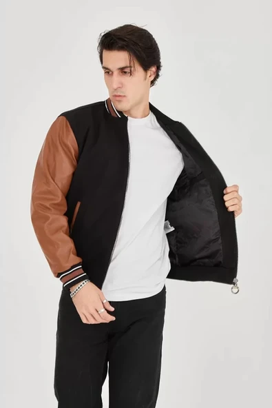 Erkek İçten Elyaf Ve Astarlı Kolları uni Deri Ceket  Kahverengi - Resim 2