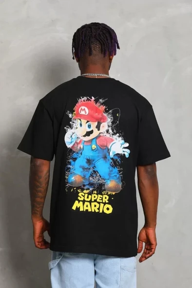 Unisex Oversize Baskılı Bisiklet Yaka Thirt  iyah - Resim 4