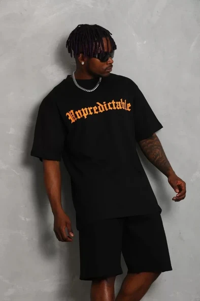 Unisex Oversize Baskılı Bisiklet Yaka Thirt  iyah - Resim 2