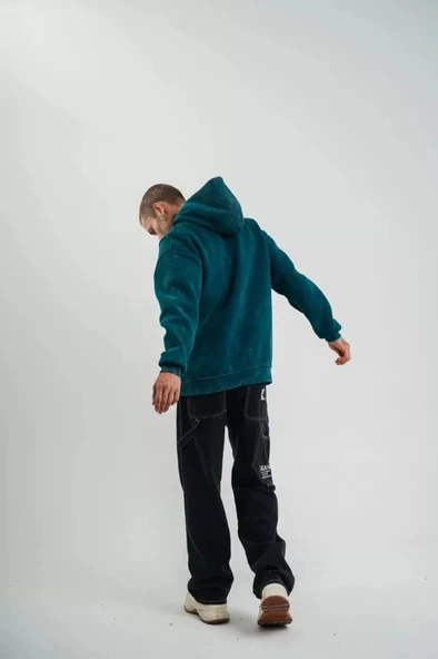 Unisex Uzun Kol Kapşonlu Yıkamalı Nakışlı weathirt  Koyu Deniz Yeşili - Resim 3
