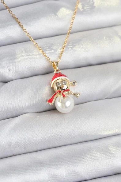 316L Çelik Zincir Gold Renk Kardan Adam Model Yılbaşı Temalı Kadın Kolye - TJ-BKO10702 ürün görseli