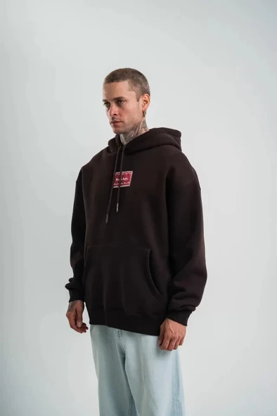 POIZEI Premium Kalite Unisex Kapşonlu Dijital Patchli SweatShirt  Kahve - Resim 3