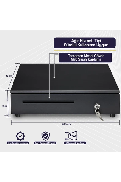 POS Uyumlu Çelik Para Çekmecesi – 41×41 cm, 10 Bölmeli Büyük Boy Elektronik Kasa Anahtarlı Çekmece ürün görseli 1