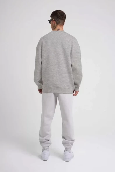 Unisex Biskilet Yaka Üç İplik weathirt  Gri - Resim 3