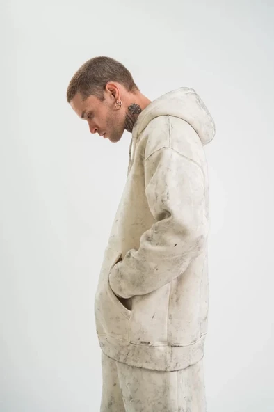 Unisex Double Oversize Kapşonlu Yıkamalı weathirt  Krem - Resim 3