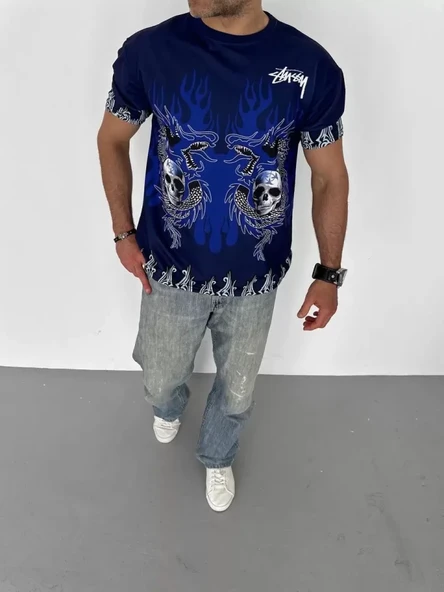 Unisex Bisiklet Yaka Baskılı Oversize Thirt  acivert ürün görseli