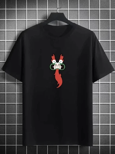 Unisex Bisiklet Yaka Baskılı Oversize Thirt  iyah ürün görseli