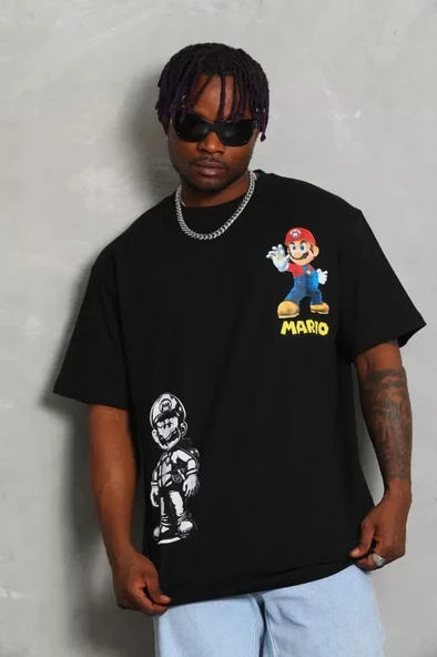 Unisex Oversize Baskılı Bisiklet Yaka Thirt  iyah - Resim 3