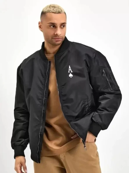 Unisex Uzun Kol Baskılı Bomber Ceket  iyah - Resim 2