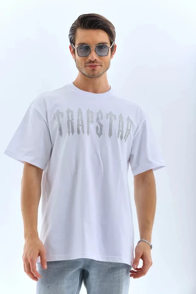 Unisex Oversize Taşlı Bisiklet Yaka Thirt  Beyaz - Resim 4