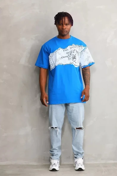 Unisex Bisiklet Yaka Baskılı Oversize Thirt  avi - Resim 3