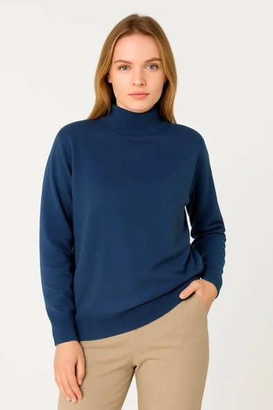 Yarım Boğaz Triko Kazak Yumuşak Dokulu Pamuklu Ince Dokuma, Uzun Kollu Rahat Regular Kalıp  İndigo ürün görseli 1