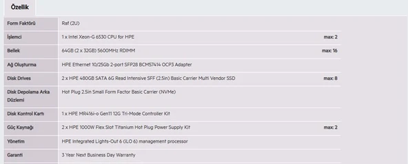 HPE DL380 Gen11 Gold 6530 64GB-2x480G-2U (P81787) - Resim 3