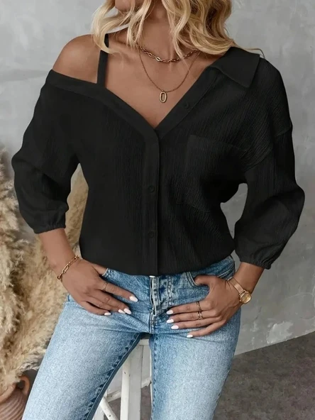 Kadın Tek Omuzdan Açık Askılı Uzun Kollu Yakalı önden Düğmeli Gömlek - Resim 2