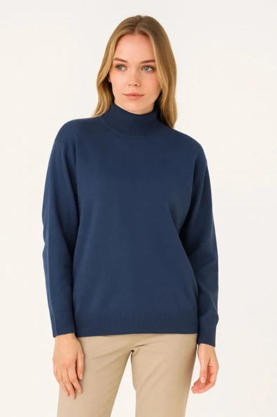 Yarım Boğaz Triko Kazak Yumuşak Dokulu Pamuklu Ince Dokuma, Uzun Kollu Rahat Regular Kalıp  İndigo - Resim 2