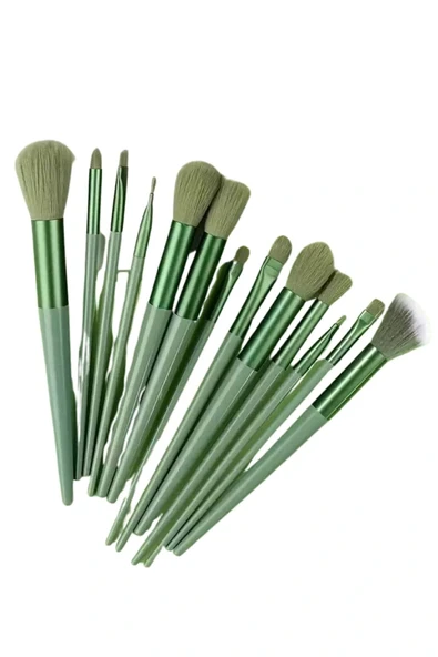 Makyaj Fırça Seti Yeşil 13 Parça Fondöten Fırçası Allık Fırçası Far Fırçası - Resim 4