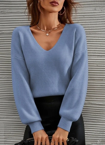 Kadın Uzun Kollu V Yakalı Triko Bluz - Resim 3