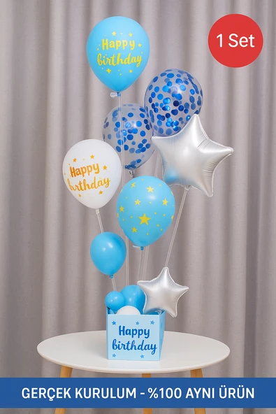 Mavi Doğum Günü Balon Kutusu – Happy Birthday Konsept Parti Süsleri Masa Üstü Stand ürün görseli 1