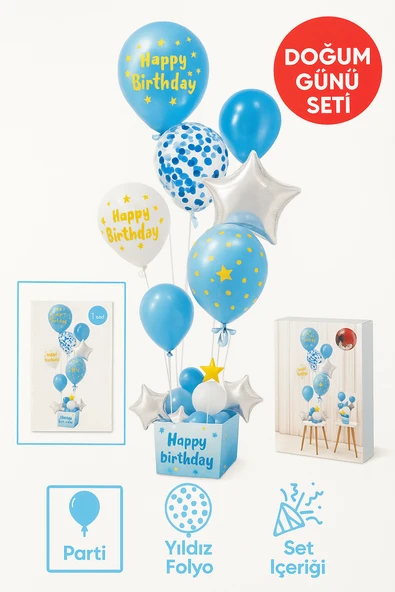 Mavi Doğum Günü Balon Kutusu – Happy Birthday Konsept Parti Süsleri Masa Üstü Stand - Resim 4