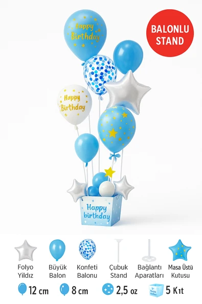 Mavi Doğum Günü Balon Kutusu – Happy Birthday Konsept Parti Süsleri Masa Üstü Stand - Resim 3