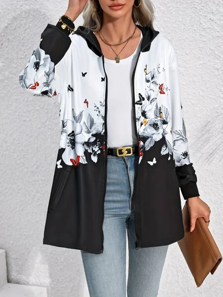 Kadın Uzun Kollu Kapşonlu Fermuarlı çiçekkelebek Desenli şardonlu Dalgıç Ceket - Resim 2