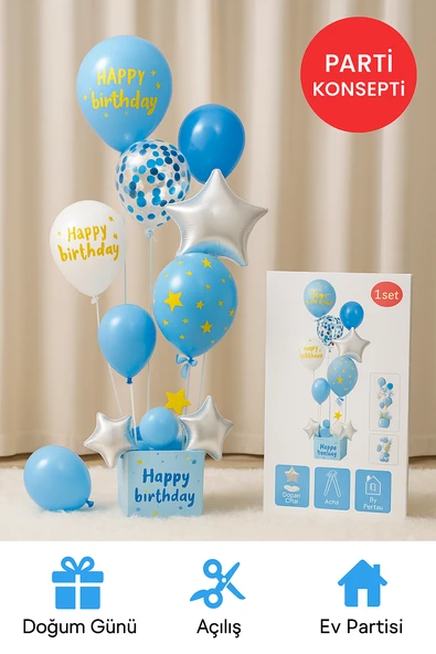 Mavi Doğum Günü Balon Kutusu – Happy Birthday Konsept Parti Süsleri Masa Üstü Stand - Resim 2