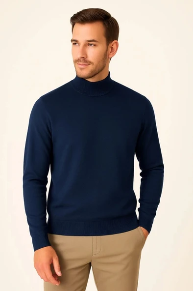 Erkek Yarım Boğaz Triko Kazak Yumuşak Dokulu Pamuklu Ince Dokuma, Uzun Kollu Rahat Regular Kalıp  acivert - Resim 2