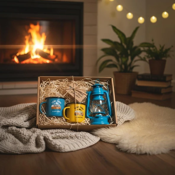 Evde Kamp Keyfi Hediye Seti - Retro Fener ve Emaye Bardaklar (3 Parça) ürün görseli 1