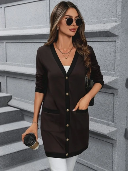 Kadın Uzun Kollu Cepli önden Düğmeli Uzun Modal Ceket Hırka - Resim 4