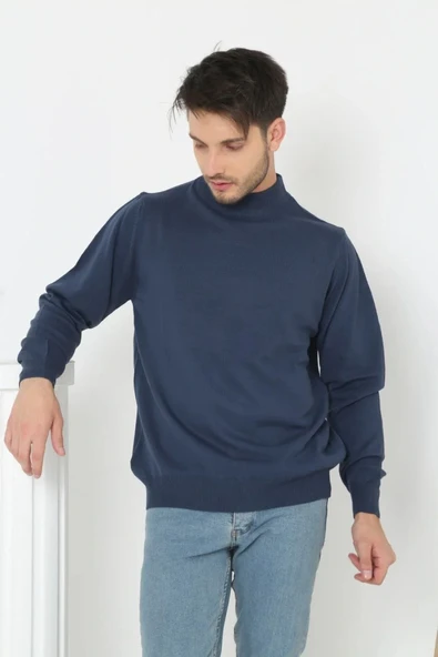 Erkek Yarım Boğaz Triko Kazak yumuşak dokulu Pamuklu ince Dokuma, uzun kollu Rahat Regular kalıp - İndigo ürün görseli 1