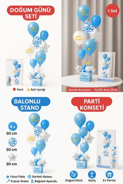Mavi Doğum Günü Balon Kutusu – Happy Birthday Konsept Parti Süsleri Masa Üstü Stand - Resim 5