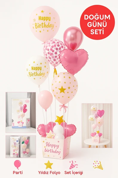 Pembe Doğum Günü Balon Kutusu – Happy Birthday Konsept Parti Süsleri Masa Üstü Stand ürün görseli 1