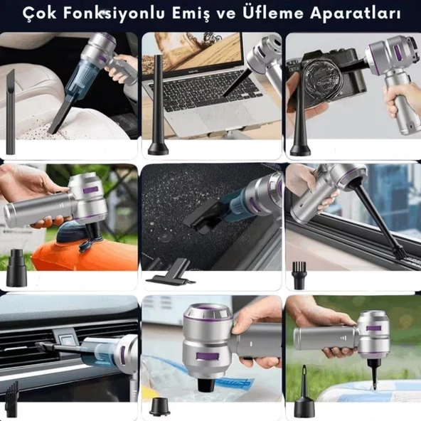 BUFFER® 9 Farklı Uçlu Kablosuz Şarjlı Araç İçi Süpürge – Wireless Destekli, Güçlü Emiş, Taşınabilir Pratik Araç Temizley - Resim 4