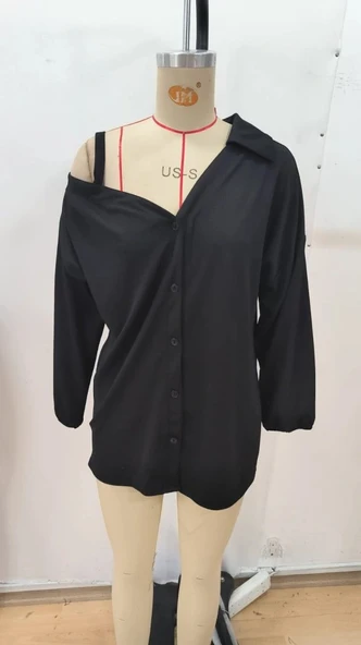 Kadın Tek Omuzdan Açık Askılı Uzun Kollu Yakalı önden Düğmeli Gömlek - Resim 6