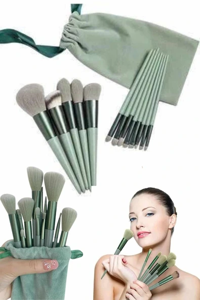 Makyaj Fırça Seti Yeşil 13 Parça Fondöten Fırçası Allık Fırçası Far Fırçası - Resim 3