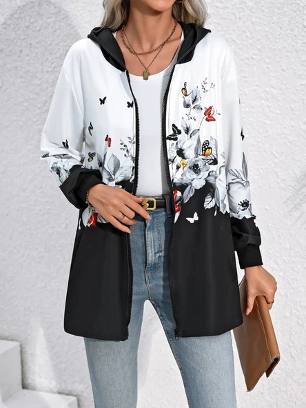 Kadın Uzun Kollu Kapşonlu Fermuarlı çiçekkelebek Desenli şardonlu Dalgıç Ceket - Resim 5
