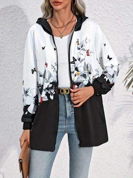 Kadın Uzun Kollu Kapşonlu Fermuarlı çiçekkelebek Desenli şardonlu Dalgıç Ceket - Resim 3