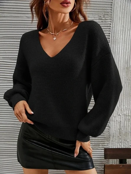 Kadın Uzun Kollu V Yakalı Triko Bluz - Resim 2