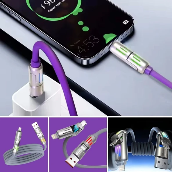 BUFFER® 4'ü 1arada Hızlı Şarj Etme Özellikli Bir Ucu TYPE-C ve USB-A Diğer Ucu TYPE-C ve Lightning Uçlu 240W Şarj Kablosu - Resim 4