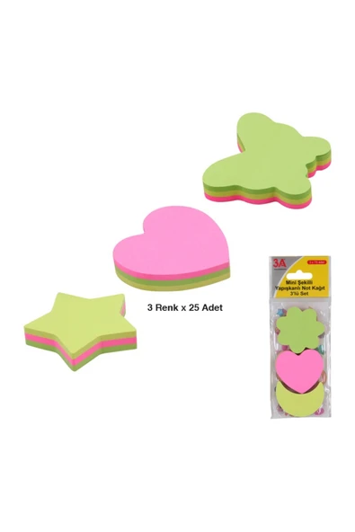3A Yapışkanlı Not Kağıdı Mini Şekilli 3'lü SET (3 renk x 25 adet) ürün görseli