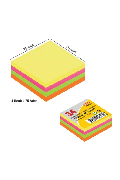 3A Yapışkanlı Not Kağıdı Küp 75x75 mm 4 Renk x 75 Adet ürün görseli