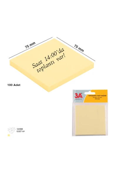 3A Yapışkanlı Not Kağıdı Pastel Renk 75x75 mm (100 Adet) Sarı Renk 4 Adet Fiyatıdır ürün görseli
